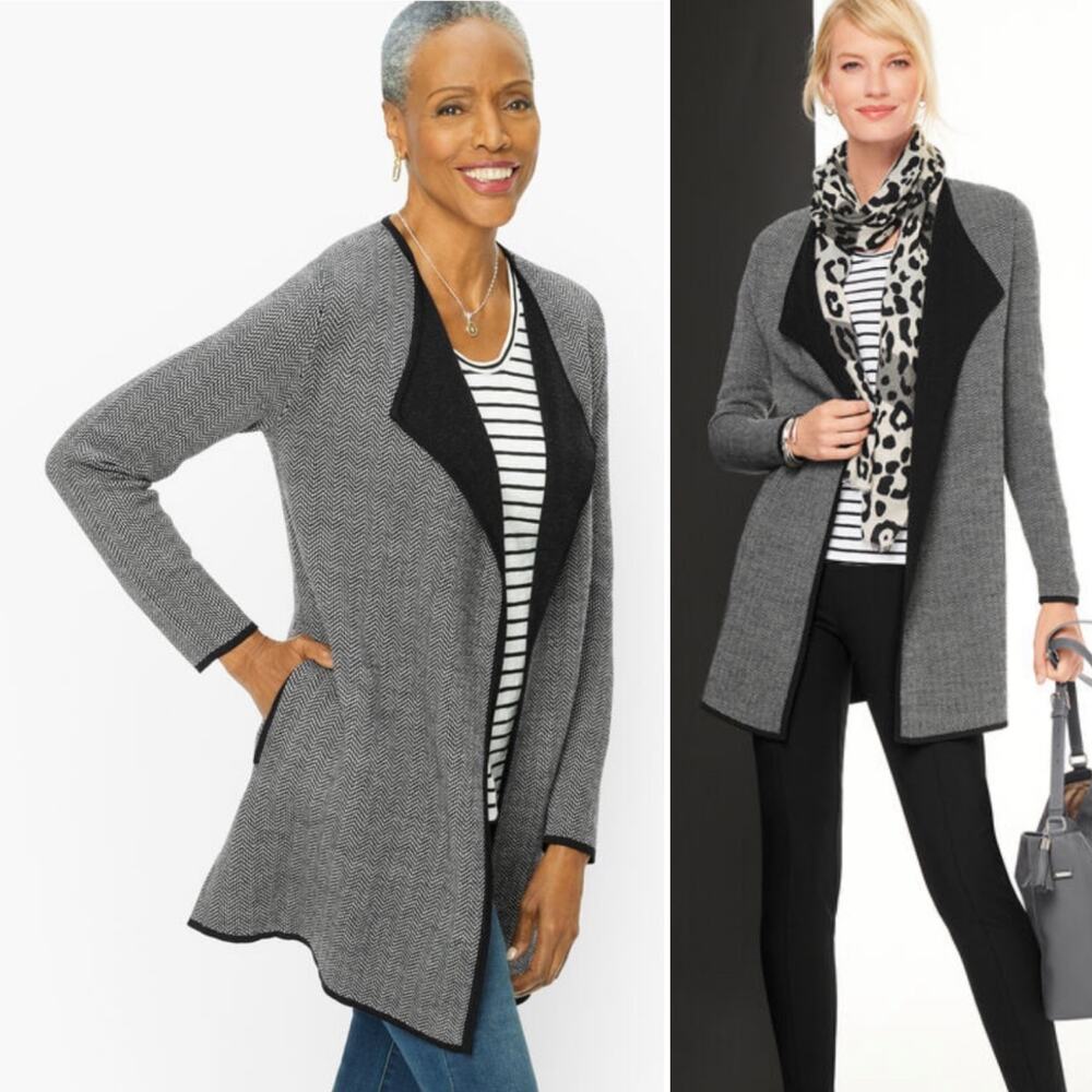 Talbots Drape Front Open Sweater Jacket Chevron‎ Merino Wool Cardigan Small